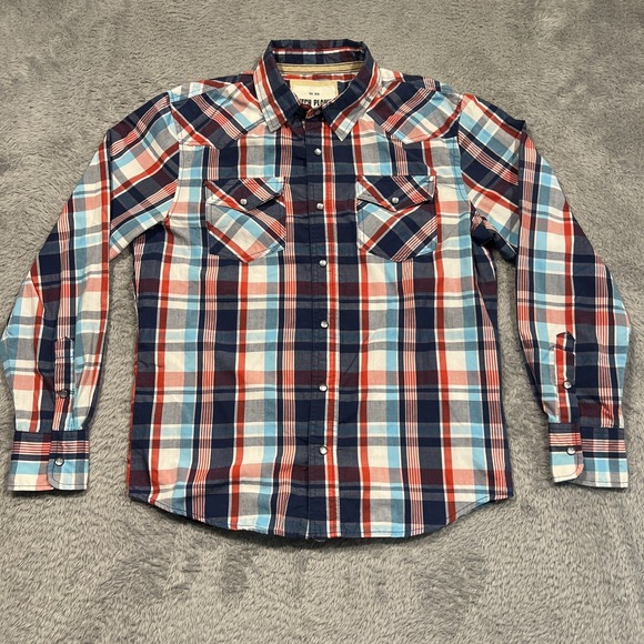 Other - Ditch Plains Western Shirt Men's L Blue Plaid Pearl Snap Roll Tab Long Sleeve